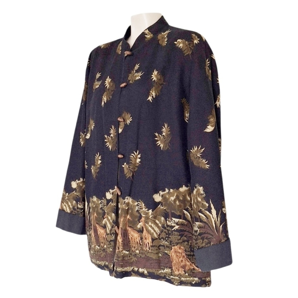 Vintage Asian-Inspired Jacket Safari Print Border Frog Closure Cotton Linen XL - Picture 2 of 7